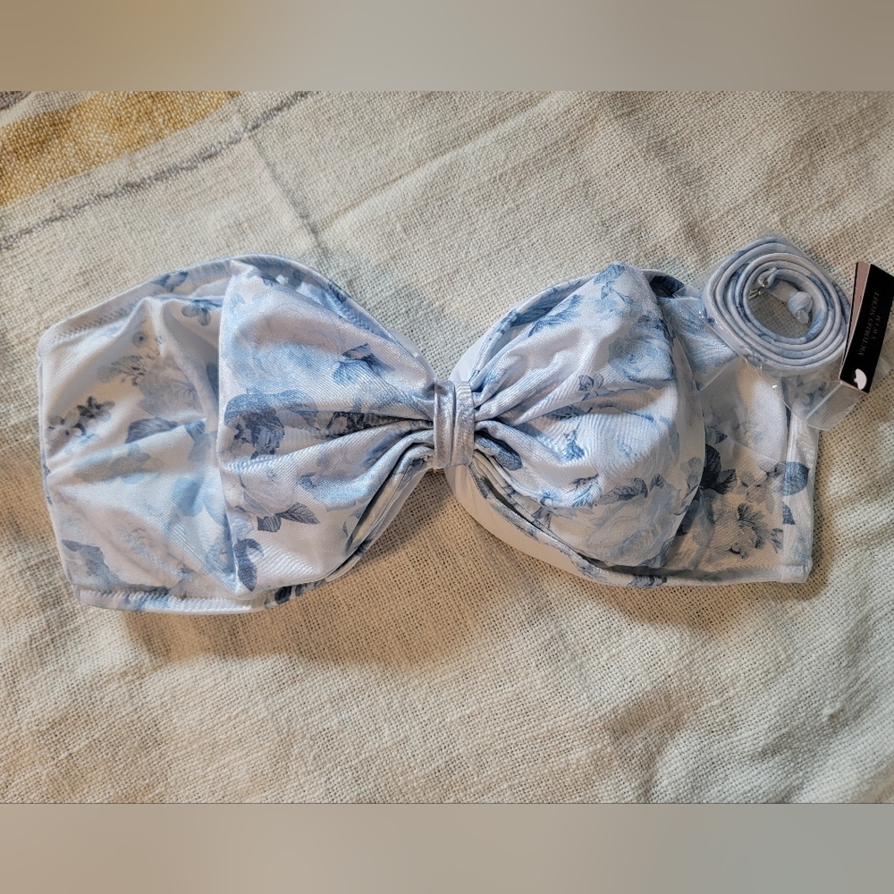 PINK by victoria secret, white and blue bandeau bow swimsuit top